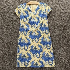 Talbots Petites Size 2 Yellow Blue Toile Print Shift Dress Cotton V-Neck‎ Floral